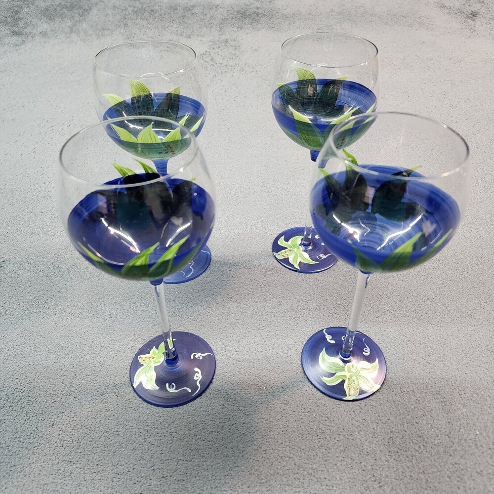 Set of 4 Hand Painted Wine Goblet Water Glass Blue Green Ambiance Collection